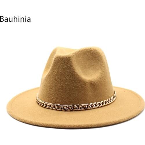 Winter Autumn Womenss Hat With Gold Chain Band 2021 Luxury Felt Fedora Hats 7CM Wide Brim Church Sombrero Jazz Cap