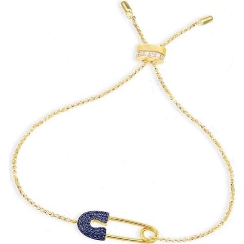 SOELLE High Quality Yellow Gold Color 925 Sterling Silver Navy Blue Zircon Safety Pin Bracelet Women Fashion Party Jewelry