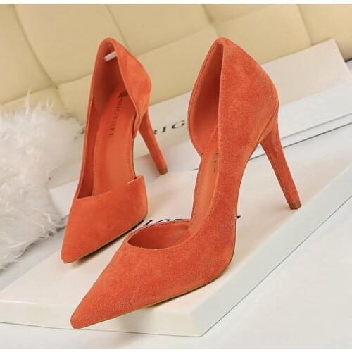 Wonen Pumps Fashion Office Shoes Side space Flock Pointed Toe Thin Heels 9.5CM Female Pumps Shallow Mouth Women Shoes