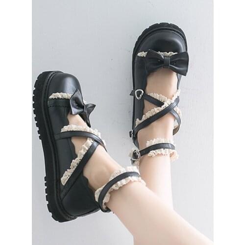 Lolita Shoes Retro Leather Shoes Women Cross-tied Mary Janes Shoes Bowtie Lace Girls Shoes Flat on Platform Casual Shoes 8596G