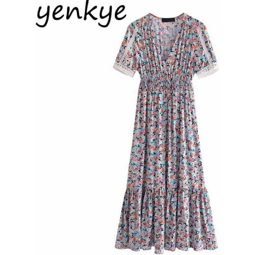 YENKYE Sweet Lace Trim Floral Print Long Dress Women V Neck Elastic Waist A-line Casual Summer Dress Holiday Party Vestido