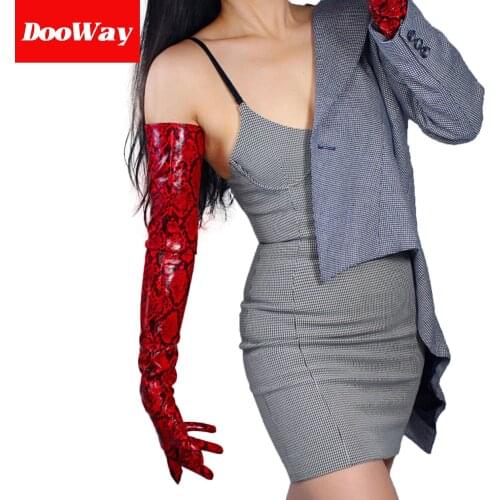 DooWay Latex Long Gloves Shine Leather PU 28" 70cm Animal Print Python Snake Women Fashion Gloves