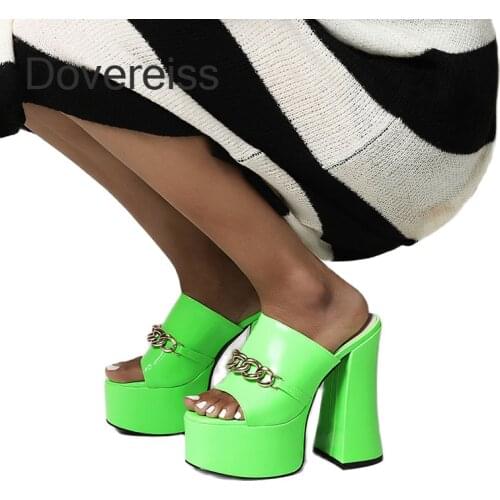 Dovereiss Fashion Womens Shoes Summer New Green Yellow Narrow Band Consice Waterproof Sexy Goth Slippers Chunky heels 44 45 46