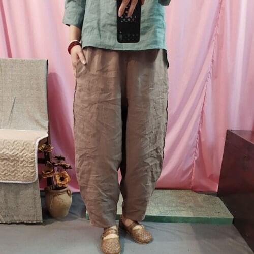 Women Ramie Elastic Waist Loose Pants Ladies Vintage Solid Color Harem Trousers Female 2020 Retro Pants