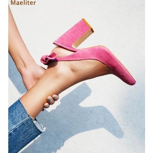 New Designer Pink Suede Women Pumps Chunky Heel Bowknot Dress Shoes Sweet Butterfly-knot Thick Square Heel Wedding Shoes Pumps