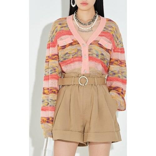 Runway Mix Colors Striped Cardigan Women 2021 Early Autumn Thin Cropped Cardigan Long Sleeve V Neck Single Breasted Sweater Coat