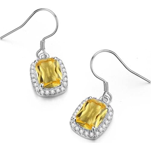 New Trendy Jewelry Real 925 Sterling Silver Citrine Stone Diamond Drop Earrings With Jewellry Box Engagement Wedding Accessories