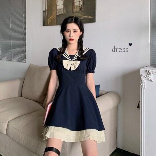 Preppy style Slim dress womens summer short sleeve dress navy collar bow tie high waist pleated dresses japan style