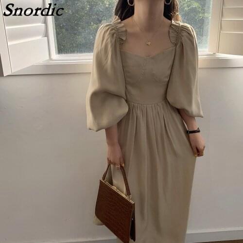 2021 New Women Autumn Tencel Vintage Long Swan Dress Puff Sleeve Square Collar Slim Waist A-line Midi Dresses