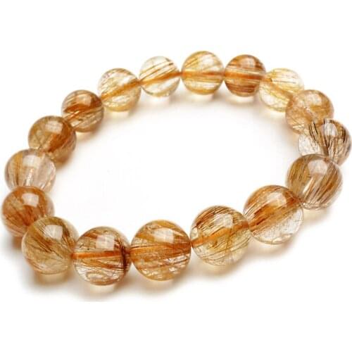 100% Natural Gold Copper Hair Rutilated Quartz Crystal Round Beads Fashion Jewelry Charm Stretch Bracelet Women 12.5mm