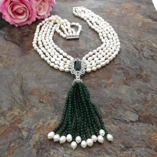 20" 5Strands White freshwater Baroque Pearl Green Jade Necklace Zircon Pendant