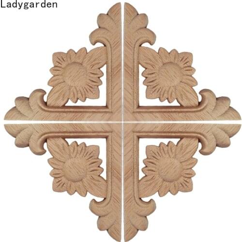 4PCS Floral Wood Carved Wooden Statues Crafts Corner Appliques Frame Wall Door Furniture Wood Carving SculpturesDecorative
