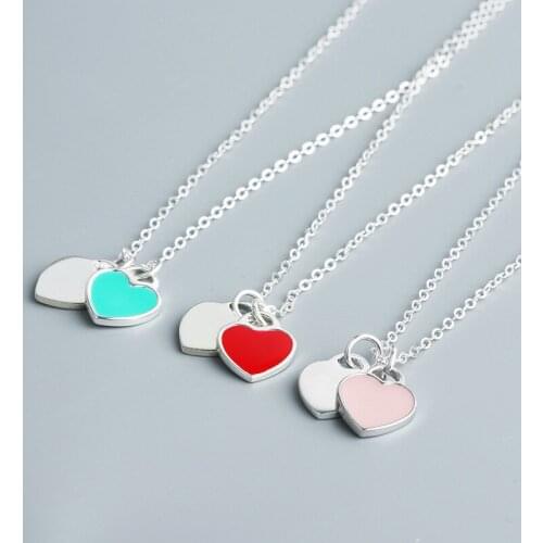 925 sterling silver peach heart pink blue double love necklace dripping heart short enamel dripping pendant clavicle chain