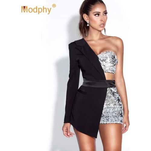 Free Shipping 2021 Fashion New WomenS Jumpsuit Black Sexy One-Shoulder Sequin Bodysuit Club Celebrity Party Female Streetwear