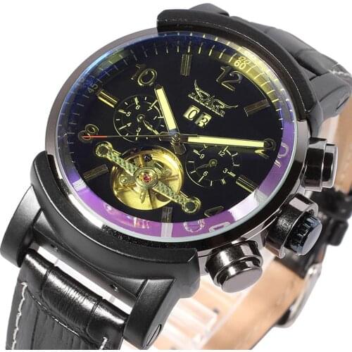 JARAGAR Tourbillion Mechanical Watches Men Auto Date Day Display Male Clock Leather Strap Heren Horloge Automatic Wristwatches