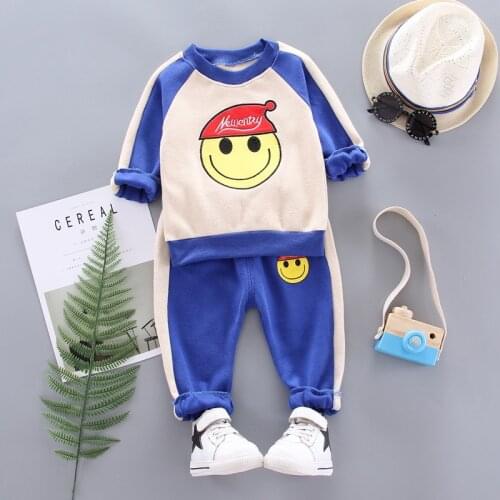 Children Casual Sports Suit 2020 New Autumn Baby Boys Girls Fashion Suit Smiley Printing Coat+Pants Two-Piece Cotton Clothes