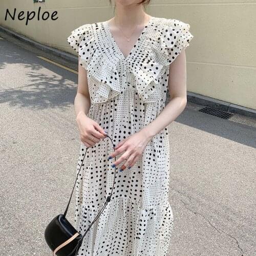 Neploe Elegant Ruffles Patchwork Holiday Dress Women V Neck Sleeveless Dot Long Vestidos Summer 2021 New High Waist Hip Robe
