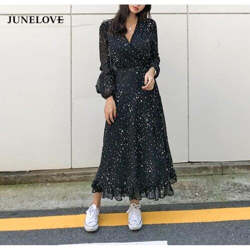 Elegant Ruffles Chiffon Women Long Dress Star Print Spring Sexy V-neck Sashes Maxi Dress Evening Party Female Dress Vestidos