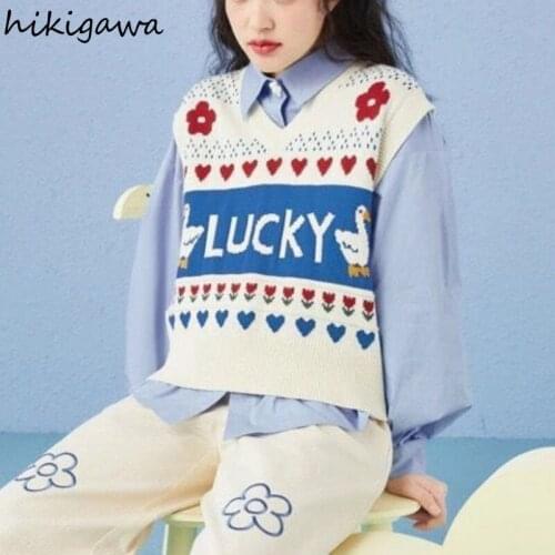 Hikigawa Vintage Sweater Vest Women Tops Sleeveless V Neck Oversized Letter Flower Cute Pullovers Japan Harajuku Sweaters Vests