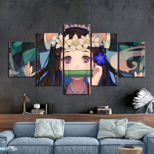 Canvas Wall Art Painting 5 Pieces Nezuko Demon Slayer Kimetsu no Yaiba Anime Poster Wall Picture for Living Room Home Decor