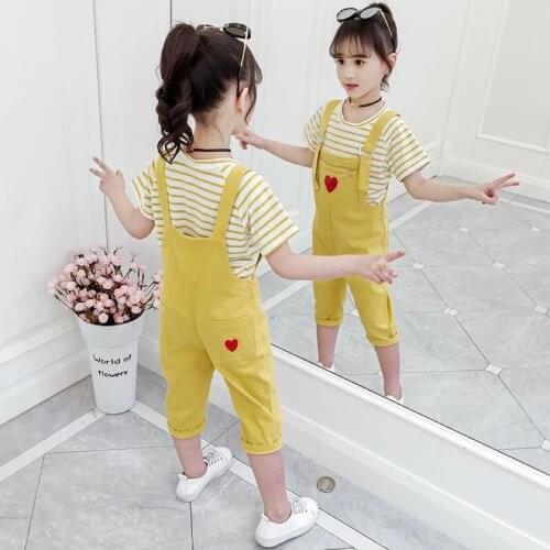 Kids Clothing Summer Girls Set Short Sleeve Tops +Bib Pants 2Pieces Outfits Children Clothes Girls Tracksuit For 3 4 6 8 10 12
