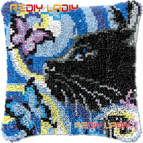 Latch Hook Cushion Cat with Butterfly DIY Needlepoint Kits Chunky Acrylic Yarn Arts Crocheting Lofty Pillow Case Hobby & Crafts