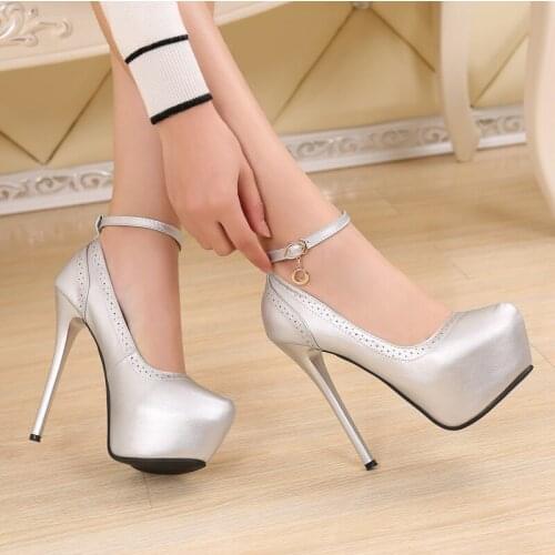 Hot High Heels Female Shoes Woman Pumps PU Buckle Strap 14CM Thin High heel Round Toe waterproof fashion Dress Party women shoes