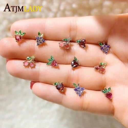 100% 925 sterling silver cute lovely fruit design cherry grape apple strawberry stud earring minimal multi piercing earrings