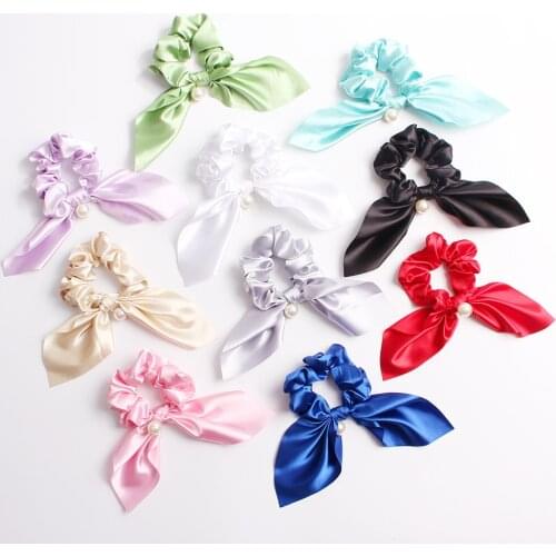 Fashion Big Satin Knotted Bunny Ear Scrunchies Solid Color Pearl Hair Ties Rope Circle Elastic Hair Band Women Hair Accessories