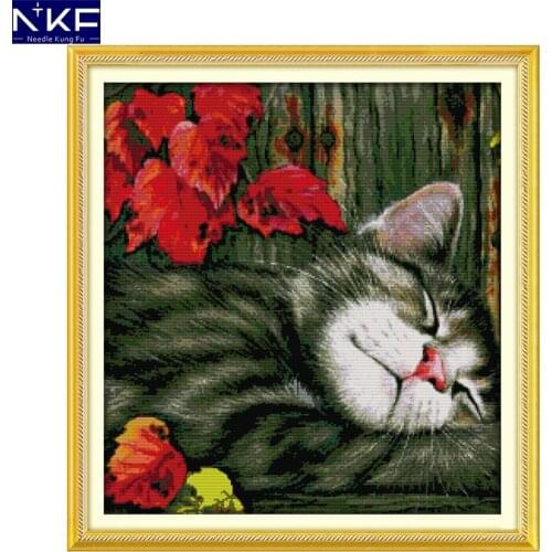 NKF Maple Leaf and Cat Cross Stitch Handmade Craft Painting Needlework Embroidery Kit Cross Stitching Set for Home Decor