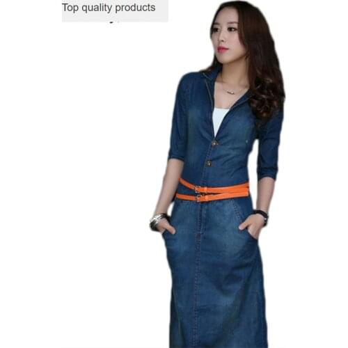 2020 New Summer Fashion Women Clothing Full Sleeve V-neck Solid Women Casual Denim Jeans One-piece Dress LY177