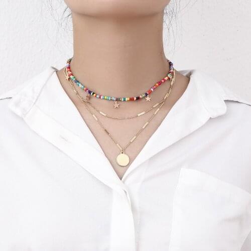 Lost Ladys New Hot-Selling Multi-Color Rice Bead Necklace, Fashionable Star Necklace Light Luxury Gold-Plated Alloy Jewelry