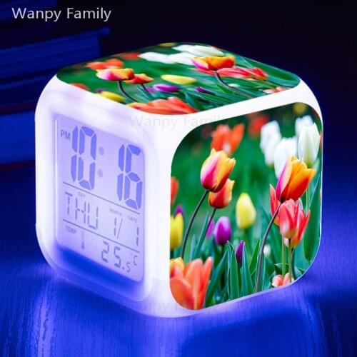 Beautiful Tulip Alarm Clock 7 Color Glowing LED Digital Clock For Kids room multifunction Touch Sensing Electronic Clock Watches