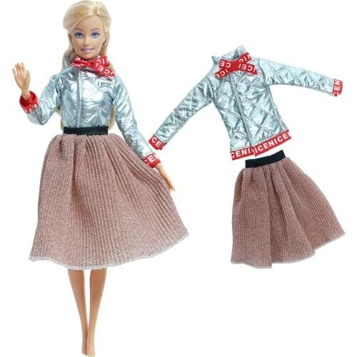 One Set Handmade Outfit Casual Wear Fashion Print T-shirt Blouse Gray Skirt Dress Clothes for Barbie Doll Kids Toy Accessories