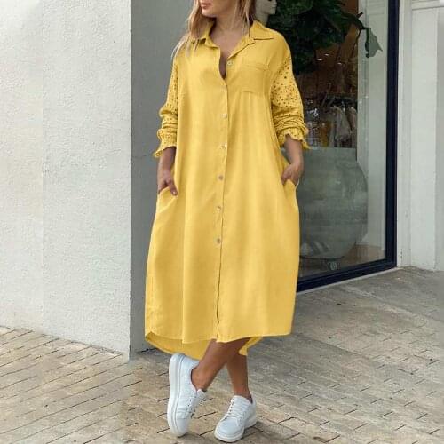 Autumn Women Long Sleeve Dress 2021 VONDA Ladies Office Dress Vintage Turn Down Neck Patchwork Print Robe Dress Beach Sundress