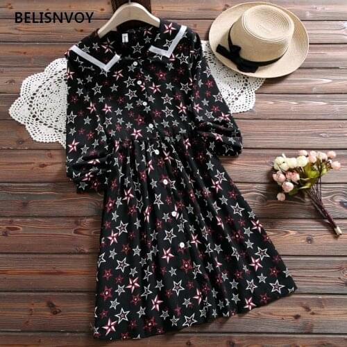 Japanese Harajuku Autumn Women Dresses Sailor Collar Single-breasted Feminino Vestido Vintage Star Printed Student Dress