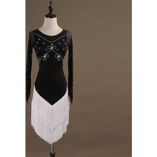 Colored Rhinestones Latin Dance Dress Women Long Sleeve Latin Dance Skirt White Fringed Rumba Dance Dress Competition Clothing