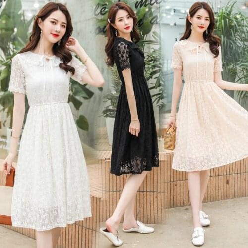 Summer Women Sweet Lace Hook Flower Hollow Belt Zipper Short Sleeve Doll Collar A-Line White Black Beige Chiffon Coctail Dress