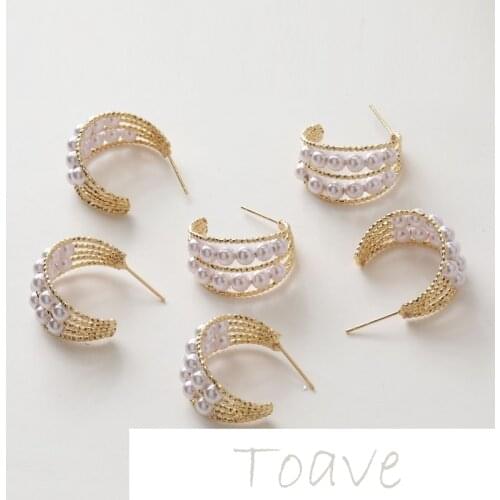 Gold-plated copper plated real gold C-shaped 2 rows of pearls silver needle earrings diy earrings material accessories