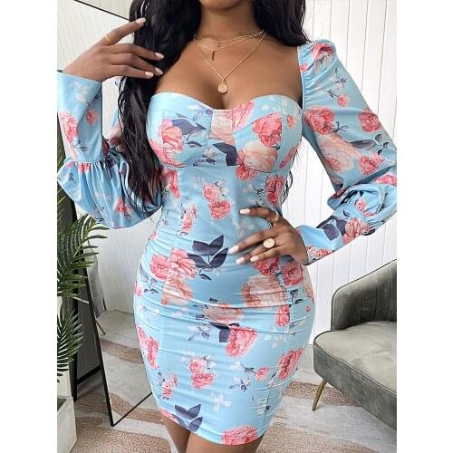 Sheinset Y2K Sexy Print Sweetheart Neck Lantern Sleeve Bodycon Mini Vestidos Women Floral Dress Wrap Sundress Robe