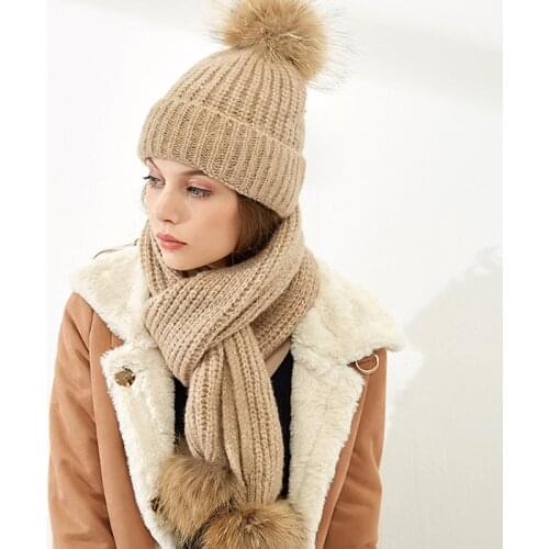 Hat Scarf Set Women Winter Acrylic Knit Beanie Real Raccoon Fur Pompom Autumn Warm Skiing Accessory For Young Lady
