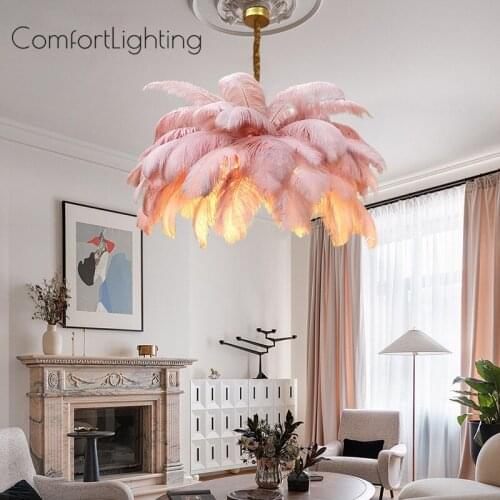 Modern Ostrich Feather LED Pendant Lights Retro Villa Hanging Lamp Living Room Bedroom Home Decor Light Fixtures Indoor Lighting
