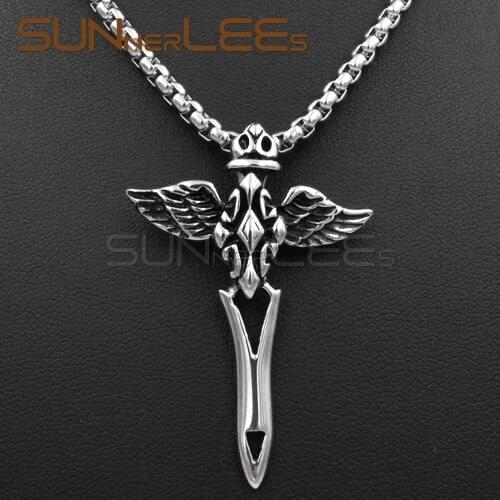 SUNNERLEES Fashion Jewelry Stainless Steel Pendant Necklace Link Chain Punk Jesus Christs Cross Wings For Mens Womens SP19