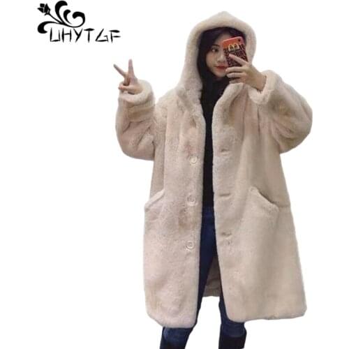 UHYTGF Winter Faux Rabbit Fur Coat Women Loose Long Fur Coat Plus Size Hooded OverCoat Warm Female Plush Coats Manteau Femme 939