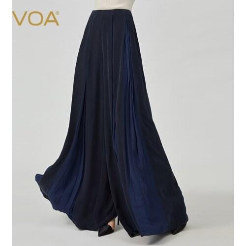 VOA Autumn New Product Silk 30mmi Heavy Navy Blue Natural Waist Folds Bumping Hot Pants Stitching Wide-Leg Trousers Women KE573