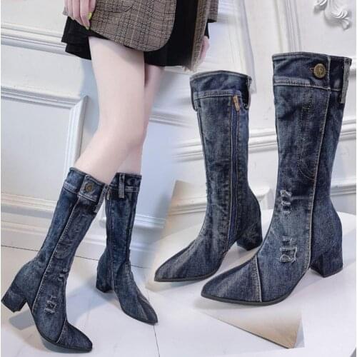 Retro Women 's Jean Boots New European American Thick Heel Pointed Denim Boots Four Seasons Single Boots Cowboy Boots High Heel