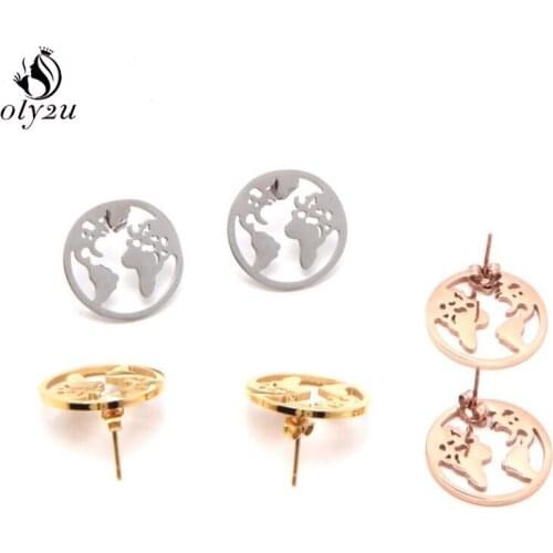 Oly2u Fashion Jewelry World Map Earrings Stainless Steel Jewelry Earrings Stud for Women Girls Cute Globe Travel Gift pendientes