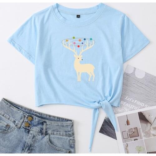 Deer Animal Farm Nature Crop Top Womens Summer Casual Short-sleeve Print Cotton T-shirt Cropped Tops Graphic Tee with Front Knot