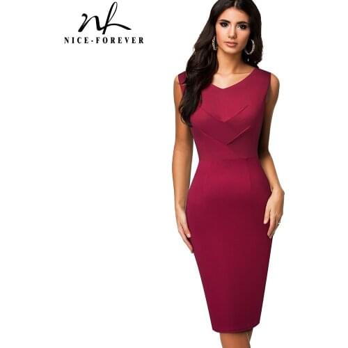 Nice-forever Summer Women Vintage Solid Color Elegant Work Dresses Business Formal Party Bodycon Pencil Dress B630