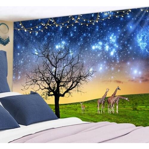 Starry Sky And Deer Tapestry Wall Hanging Night View Bohemian Hippie Natural Scenery Science Fiction Home Decor